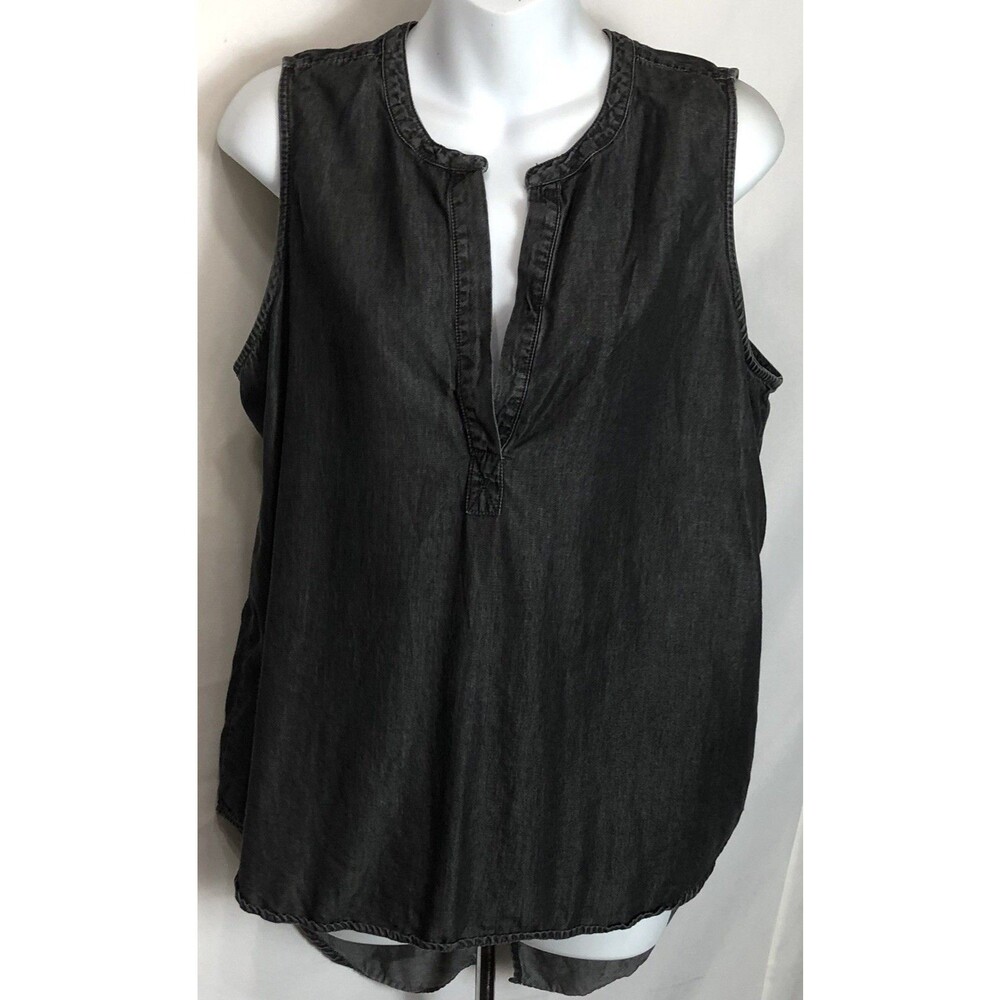 ANA Sleeveless chambray top L Blk Band Collar Asymmetrical Tails Country